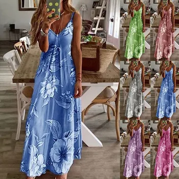 Moterų Vasaros Paplūdimio Maxi Suknelė Strappy Atostogų Gėlių Ilgai Boho Kaftan Suknelė A66