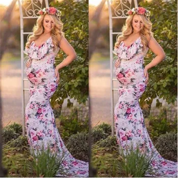 Motinystės Fotografija Suknelė Vasaros Gėlių Spausdinti Nėštumo Drabužiai Moterų V-kaklo Suknelės Už Nuotrauką Šaudyti Motinystės Suknelė
