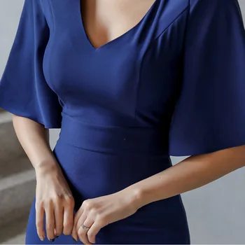 Mėlyna Office Lady Suknelė 2020 M. Pavasarį Penkių Taškų Rankovėmis Aukštos Juosmens, Plonas Seksualus V-Kaklo Backless Elegantiškas Šalis Suknelė