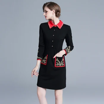 Nauja Elegantiška Vintage Moterų Siuvinėjimo Slim Tunika Midi Suknelė Office Lady Riešo Rankovės Juodos Suknelės, Šaliai, Drabužių