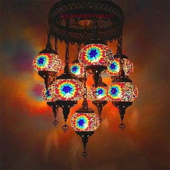 Nauja Stiliaus 9 vadovai turkijos mozaikos priedai veltiniams, vilna Lempa derliaus art deco Rankų darbo lamparas de mesa mozaika, Stiklo romantiška šviesa
