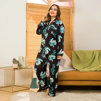 Nauja rudens žiemos plius dydis pižama moterims, juodos spalvos gėlių spausdinti marškinėliai ir ilgos kelnės namų dėvėti dviejų dalių kostiumai 4XL 5XL 6XL 7XL