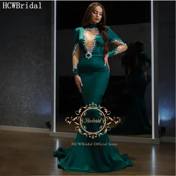 Naujas Dizainas Žalia Arabų Ilgomis Rankovėmis Vakaro Suknelė Su Sidabro Kristalų Cut-Out Satino Undinė Seksuali Moteris Promenadzie Suknelė Plius Dydis Suknelė