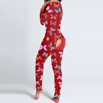 Naujas Drugelis spausdinti Jumpsuit Moterų Atsitiktinis ilgomis Rankovėmis Mygtuką žemyn Priekiniai Funkcinės Sagomis Atvartu Playsuit Pižama Suaugusiųjų