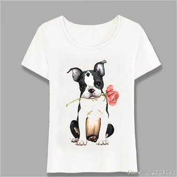 Naujas Moterų Marškinėliai Valentino Rose Pit Bull Šuo Hip-Hop T-Shirt Mini Veislės Kalytę Bostono Terjeras Atsitiktinis Viršūnes Cute Girl Tees Harajuku