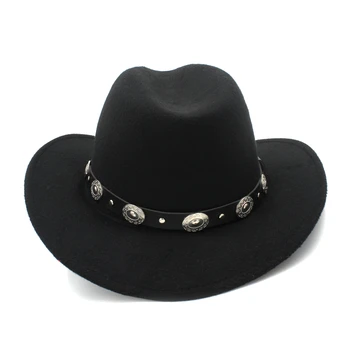 Naujas Vintage Vilnos Vakarų Kaubojaus Skrybėlę Womem Vyrų Pločio Kraštų Cowgirl Džiazo Dangtelis Su Oda Toca Sombrero Kepurė