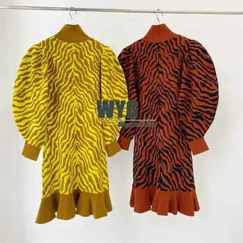 Naujausias Dizaineris Mezgimo Suknelė 2020 M. Rudenį, Žiemą Ilgai Žibintų Rankovės Zebra Stripes Vilnos Mišinys Elegantiška Vintage Drabužiai Moterims