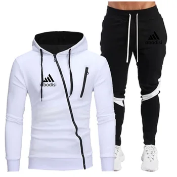Naują atsitiktinis sportiniai, vyriški kostiumas hoodie + kelnės dviejų dalių užtrauktuką gobtuvu palaidinukė kostiumas veikia sportiniai, vyriški prekės ženklo drabužių