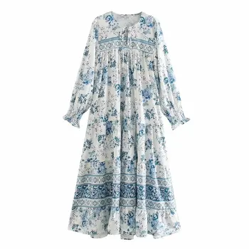 Naujų 2020 m. moteris derliaus kratinys spausdinti atsitiktinis palaidų ilga suknelė moterų ilgomis rankovėmis klostyti kimono vestido chic prekės suknelės DS3856