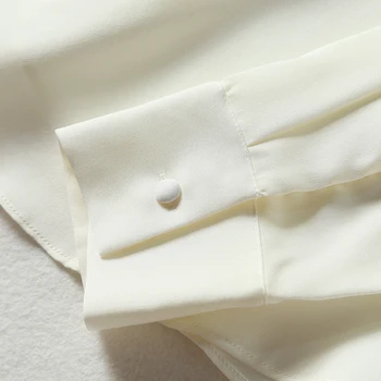 Nekilnojamojo Šilko Moterų Balta Juoda Marškiniai, Elegantiškas Mados Turn-žemyn Apykaklės Duobute ilgomis Rankovėmis Natūralaus Šilko Satino Office Lady Palaidinė