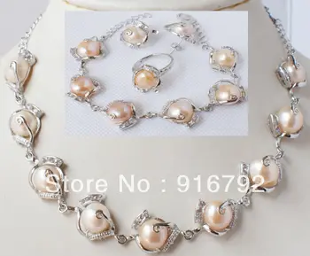Nemokamas pristatymas >>>>Mados juvelyriniai dirbiniai rausvos spalvos gėlavandenių perlų vėrinį apyrankę, auskarus žiedas rinkinys