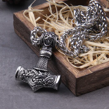 Nerūdijančio Plieno Thor ' s Hammer Karoliai Vikingų Drakonas Karoliai Vyrams Papuošalai Talismanas su medinėje dėžutėje kaip dovaną