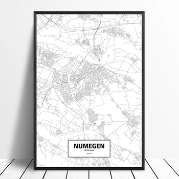 Nijmegen, Nyderlandai Juoda Balta Užsakymą Pasaulio Miesto Žemėlapį Plakatas Drobė Spausdinti Šiaurės Stiliaus Sienos Menas Namų Dekoro