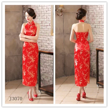 Nuotakos cheongsam raudona ilgos satino vestuvių suknelė padalinta Qipao rodo, T etape rodyti vakare slim retro backless berankovis suknelė vestido