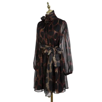 OXANT Moterų Suknelė Pavasarį Naują Stilių Bowknot Juostelės Uždaro Juosmens Nereguliarus Vieta Leopard Grūdų Dizaino Suknelė