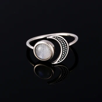 Originalaus dizaino mėnulio formos, reguliuojamas atidaryti žiedas natūralus mėnulio akmuo moterų viršų mados 925 sidabro papuošalai vestuvių žiedas didmeninės