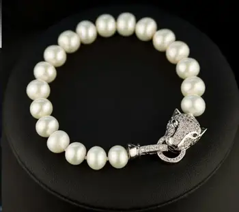 Originali Didelis 12mm white shell perlų apdaila cirkonis Leopard Galvą UŽSEGIMAS CZ apyrankės moterims, papuošalai 7.5-8inch