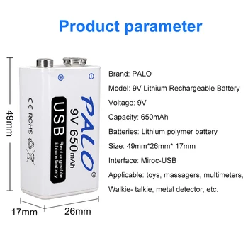 PALO Originalus 9V 650mAh Baterija li-ion daugkartinio Įkrovimo baterija 9v Micro USB 9v už Multimetras Mikrofonas, Nuotolinio Valdymo Žaislas
