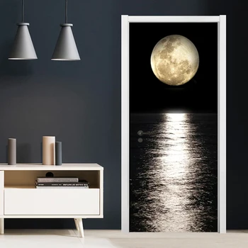 PVC Durų Lipdukas 3D Naktį Mėnulio Jūros Lygio Peržiūrėti Durų Apdailos Kambarį Valgomasis Vinilo Durų Freskomis Tapetai, 3D Durų Plakatas