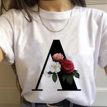 Pasirinktinis pavadinimas laišką derinys moterų Aukštos kokybės spausdinimo T-shirt Gėlių raidė Šriftu A B C D E F G trumpomis rankovėmis Drabužius