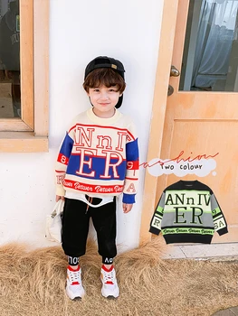 Pavasario Berniukai Korėjos Džemperis Vaikams Berniukas Vakarų Stiliaus Įgulos Kaklo Megztinis Vaikams, Kūdikių Rudenį Megztinis Banga