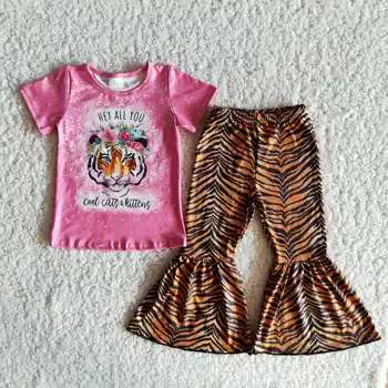 Pavasario Stilius Mergaitėms Trumpomis Rankovėmis Marškiniai Tiger Stripe Varpai Kelnės Gėlių Raštas Gyvūnų Dažų Marškinėliai Boutique Didmeninės