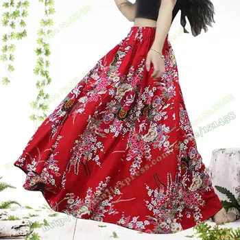 Pavasarį Nacionalinės Atsitiktinis Medvilnės Skalbiniai Didelis Raudonas Gėlių Gėlių Modelio Elegantes Atostogų Moterų ponios Sijonu Ilgi Sijonai Womens