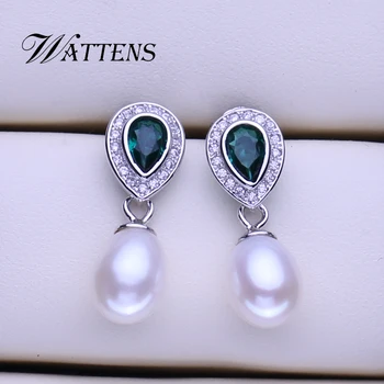 Perlų papuošalai 925 sterlingas sidabro auskarai natūralių perlų auskarai moterų mados Žalia cirkonis vestuves gimtadienio dovana