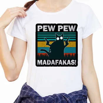 Pew Pew Madafakas Marškinėliai Moterims Naujiena Funny Cat Derliaus Įgulos Kaklo Vasaros trumpomis rankovėmis, mergina T-Shirt Humoro Dovana Viršūnes tee
