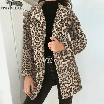 PinkyIsBlack 2019 M. Pavasarį, Paltai Moterims Dirbtiniais Kailiais Striukė Outwear Šiltu Vilnos Kailis Spausdinti Streetwear Moterų Leopard Cardigan Outwear