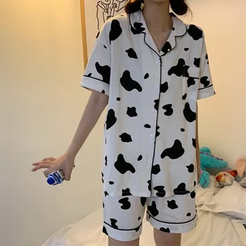 Pižamos Mielas Karvių Spausdinti Medvilnės Pižama Pijamas Moterų Atsitiktinis Patogiai Namuose Kombinezonas Dviejų Dalių Sleepwear Moterų Moterų Summer Set