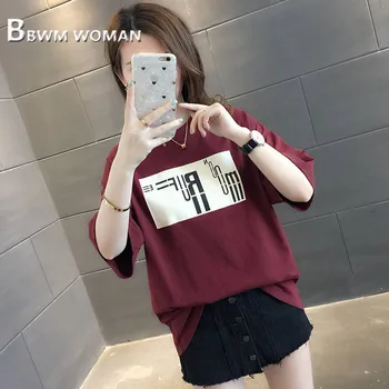 Plus Size 2019 Ilgai Moterų Marškinėliai Korėjos Pusė Rankovės Moterų Tee Marškinėliai