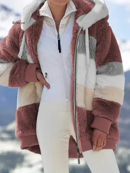 Plus Size 5Xl Moterų Žiemos Paltai Negabaritinių korėjos Mados Atsitiktinis Susiuvimo Pledas Drabužius Gobtuvu, Užtrauktukas Ponios Ėriukų Plaukų Kailis