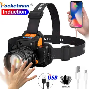 Pocketman T6/L2 LED Žibintų Aukšto Maitinimas USB Įkrovimo Žibintai Zoomable Galvos Žibintuvėlis IR Jutiklis atsparus Vandeniui Galvos Žibintuvėlis