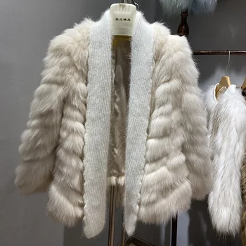 Prabanga Naujus Originalius Megztus Fox Fur Coat Cardgain Žiemą Storas Šiltas Ponios Realių Kailiai, Kailio