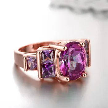 Prabangus Rožių Aukso Žiedas Moterims Išskirtinį Violetinė Cirkonis Žiedas Vestuvių Papuošalai Dovana