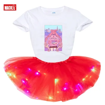 Princesė Mergaitės Mergaitės LED Tutu Suknelė+Marškinėliai 2 vnt. Nustatyti Vasaros Šalis tutu, Vaikams, Suknelės Mergaitėms Bamblys Merginos Atsitiktinis Suknelė