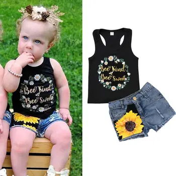 Pudcoco Drabužius Mergina Vaikams Baby Girl Drabužių Komplektus Gėlių T-shirt Viršūnes +Denim Džinsai, Kelnės, Šortai Rinkinys
