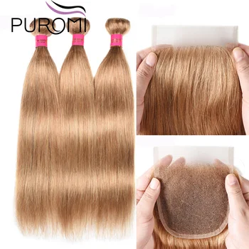 Puromi Plaukų Ryšulius Su Uždarymo #27 Honey Blond Spalvos Ryšulius, Žmogaus Plaukų Pynimas Su Uždarymo Brazilijos Tiesiai Ne Remy Plaukų