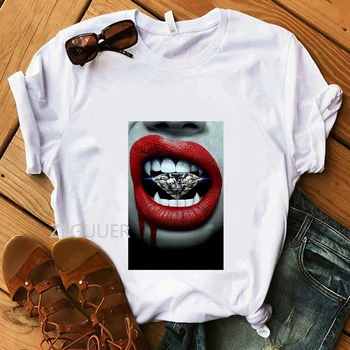 Raudonos Lūpos Ir Deimantų Piešimo Balti marškinėliai Vasaros Harajuku Atsitiktinis Tees Medvilnės Moterys T-Shirt Super Minkštas Hipster T-Shirt