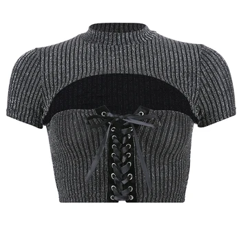 Rockmore Criss Cross Tvarstis T-Shirt Moterims, Tuščiaviduriai Iš Sexy Pasėlių Viršų Trumpomis Rankovėmis Lurex Briaunoti Marškinėliai Basic Streetwear Tshirts