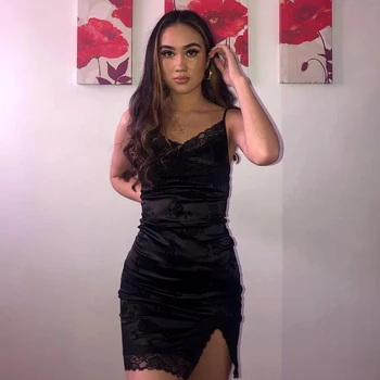 Rockmore Nėrinių Seksuali Mini Suknelės Moterims, Satino Estetinės Gėlių Spausdinti Spageti Strape Trumpą Suknelę Pusės Split Sundress Retro 2021
