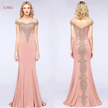 Rose Aukso Undinė Ilgą vakarinę Suknelę 2019 Elegantiškas Oficialų Suknelė Nėrinių Aplikacijos nuo Peties Rankovių chalatas de soiree