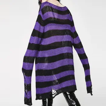 Rosetic Streetwear Gotikos Džemperis Moterims Puloveriai Dryžuotas Trikotažas Prarasti Žiemos Megztiniai Skylę Atsitiktinis Džemperiai Ilgai Viršūnės