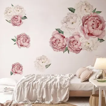 Rožinis ir Baltas Bijūnas Gėlių Sienų lipdukai Vaikams Kambarys, svetainė, Miegamasis Namų Dekoro Sienos Lipdukas Gėlių Namų Dekoro