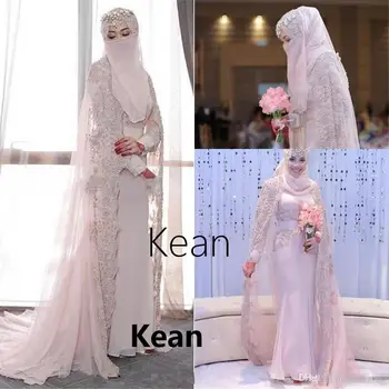 Rožinė Undinė Musulmonų Vestuvių Suknelės Su Ilga Striukė Appliques Hijab Vestido De Noiva Dubajus Arabų Vestuvių Suknelė Nuotakos Suknelė