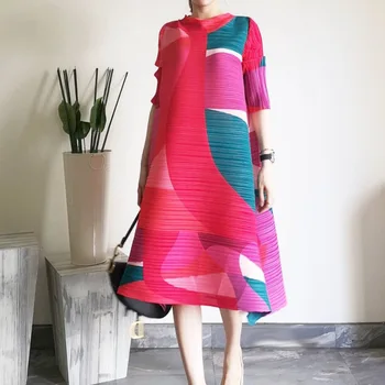 Rudenį 2020 metų vasaros atsitiktinis sundresses stovėti apykaklės, geometrinis modelis spausdinimas, didelio dydžio madingas Miyake plisuotos suknelė 903
