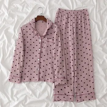 Rudenį Siūlai ilgomis Rankovėmis Pižama Moterų Gražių Plisuotos Medvilnės Pijamas Turn-žemyn Apykaklės Spausdinimo Sleepwear 2 Gabalas, naktiniai drabužiai