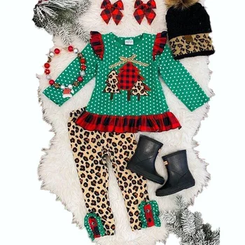 Rudenį ir Žiemą, Kalėdų boutique nustatyti žalias taškas ilgomis rankovėmis + leopardas spausdinti trumpas kelnes baby girl vaikų drabužiai