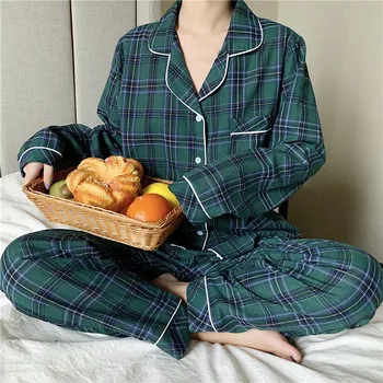 Rudenį laisvalaikio namuose nustatyti moterų pižama nustatyti kišenėje pledas sleepwear 2 dalių komplektas atvartas apykaklės marškinėliai kelnės ištaigingas dėvėti homewear Y141